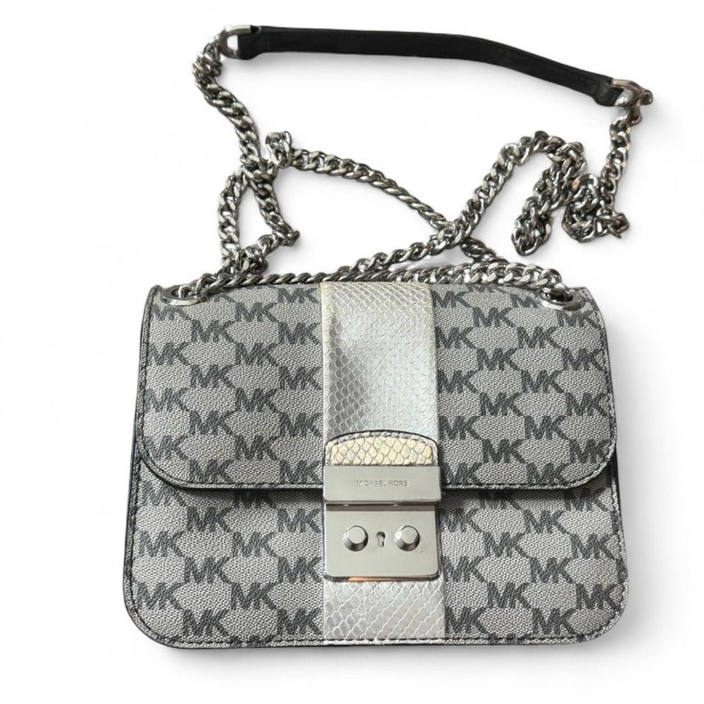Michael Kors Silver Gray MK Signature Chain Crossbody